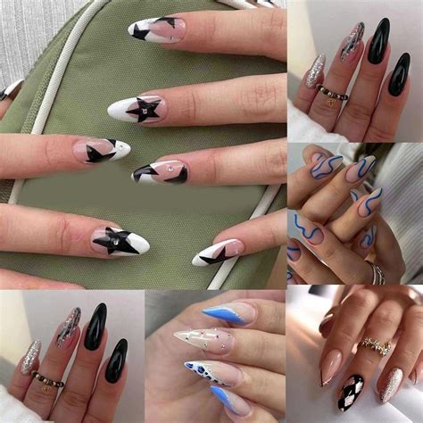 24 шт. Типсы DIY Нажмите на ногти Звезда Длинные миндалевидные черные ...