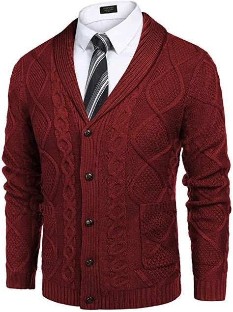COOFANDY Men's Shawl Collar Cardigan Sweater - Classic Cable Knit with ...