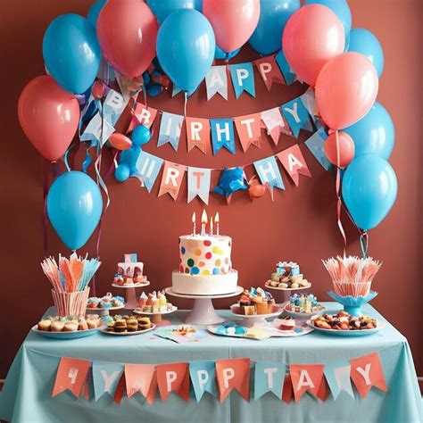 A birthday party with balloons and a birthday cake on a table | Premium AI-generated image