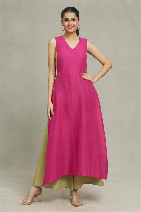 Buy Fuchsia Cotton Linen V Neck Hannah Straight Kurta And Palazzo Set