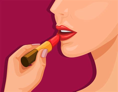 girl using lipstick, makeup cosmetic product concept in cartoon ...