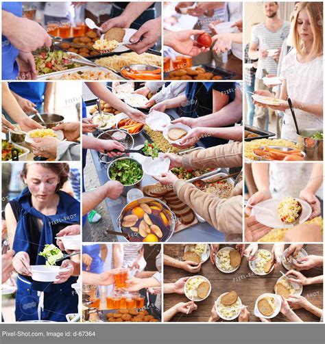 Collage with volunteers giving food to poor people in desperate need