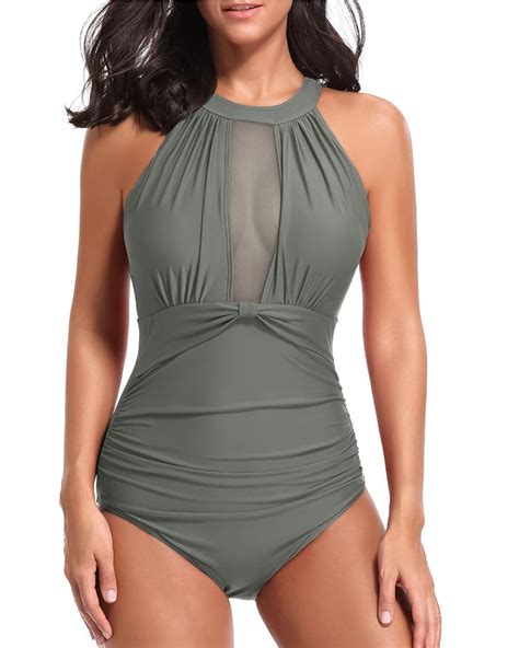 Tempt Me Women One Piece Swimsuits Gray High Neck V-Neck Mesh Ruch