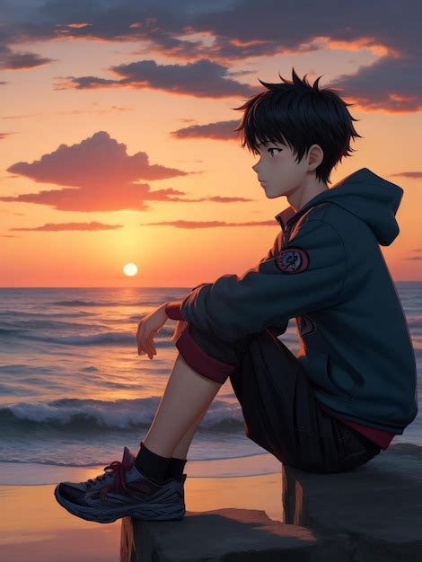 Premium AI Image | Artistic image of Boy anime on the beach watching sunset