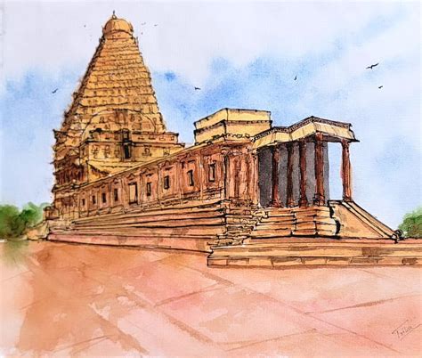 watercolor painting   thanjavur temple captures  majestic
