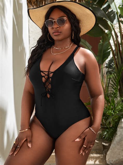 SHEIN SHEIN Swim BAE Plus Lace Up Front One Piece Swimsuit | SHEIN USA