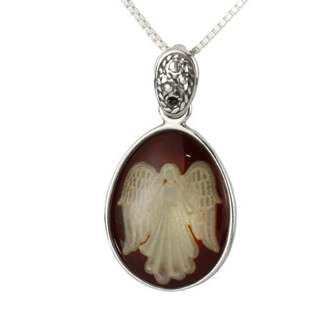 Carved Angel Pendant In Cherry Baltic Amber Sterling Silver