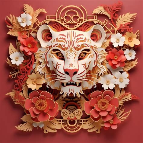Premium Photo | Gold Tiger Flower and paper cut Water elements in craft ...