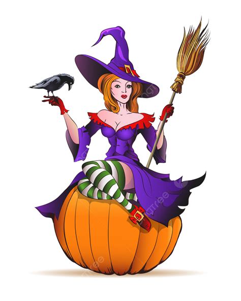 Witch On Broom Vector Hd Images, Beauty Witch With A Crow And Broom On
