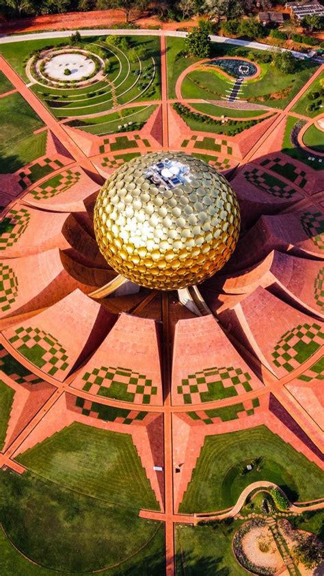 Arial view of Auroville experimental township in Viluppuram district ...