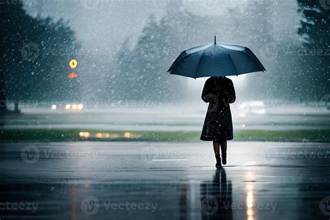 A people with an umbrella in the middle of heavy rain at the road
