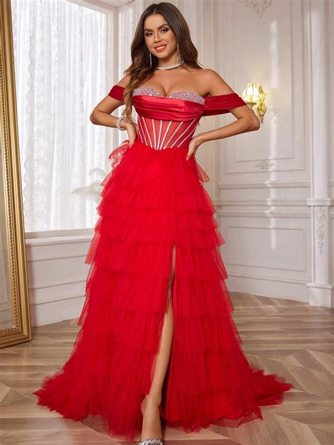 Sparkly Crystal Formal Evening Gowns With Puffy Slirt High Slit Ball