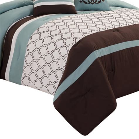 Quatrefoil King Size 8 Piece Fabric Comforter Set , Brown And Blue ...