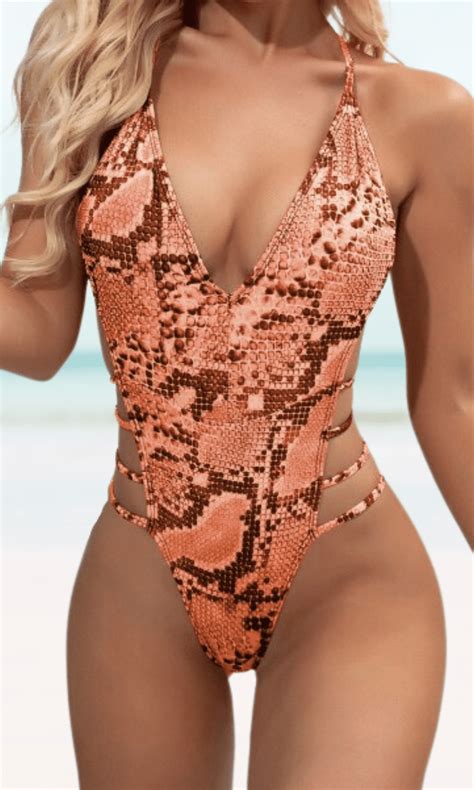 Meloria Swim and Fashion Orange Snakeskin Print Padded Sling Hollow