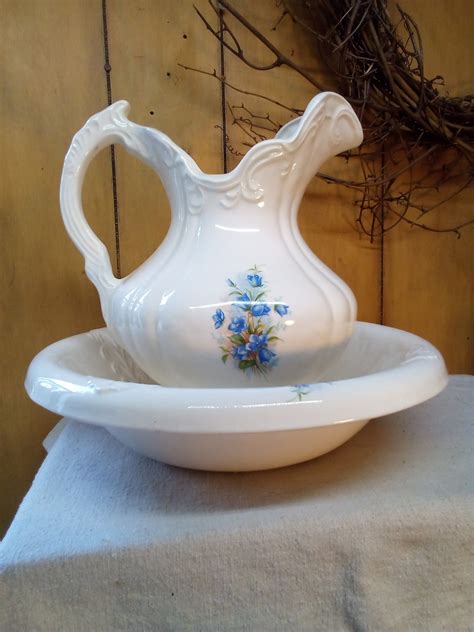 pitcher  bowl set large vintage ceramic white  blue flower