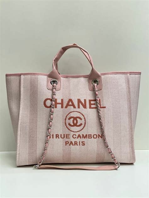 Женская тканевая сумка Shopping Chanel розовая с кожаными ручками 38/32 ...