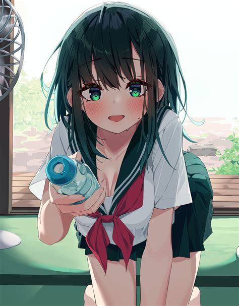 anime girl  school uniform holding  water bottle hd phone wallpaper