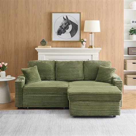 80-inch foldable sofa, corduroy fabric hidden long sofa, cup holder on