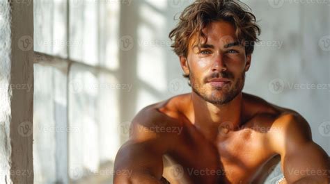 AI generated Sexy man, Handsome fitness male model sitting in studio