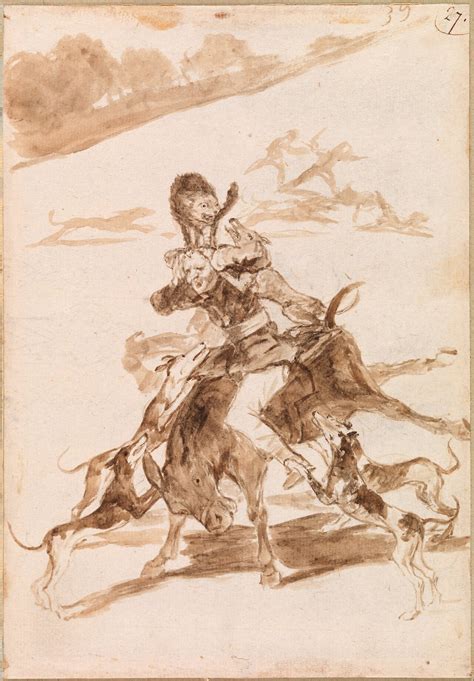 “Dogs Chasing a Cat on a Man on a Donkey” by Francisco José de Goya y
