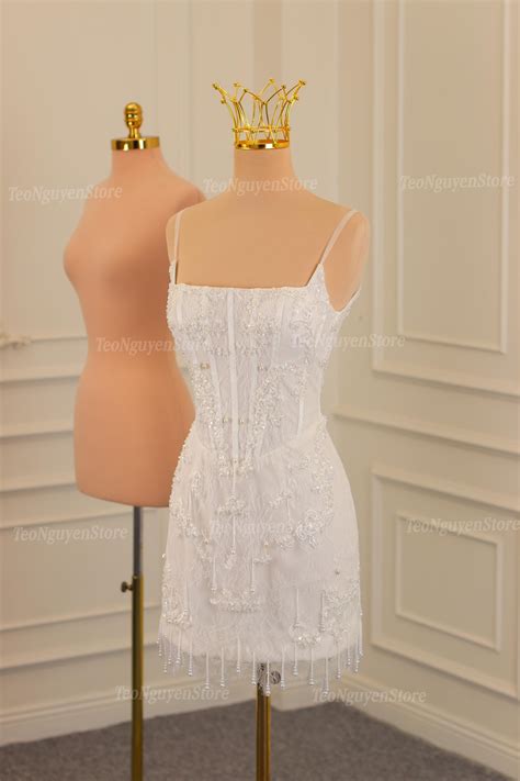 Elegant Lace and Pearl Short Wedding Dresses. Short Elopement Dresses