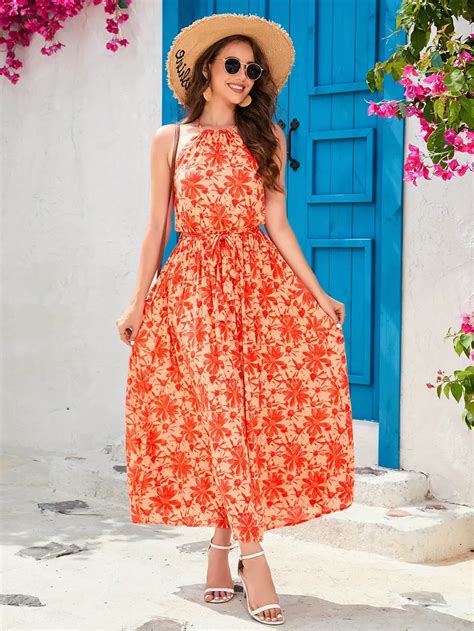 Floral Print Tie waist Sleeveless Dress Resort Wear Ruched - Temu