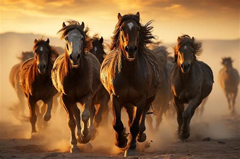 Premium Photo | Mustang Majesty Group of Horses Galloping in the Wilderness