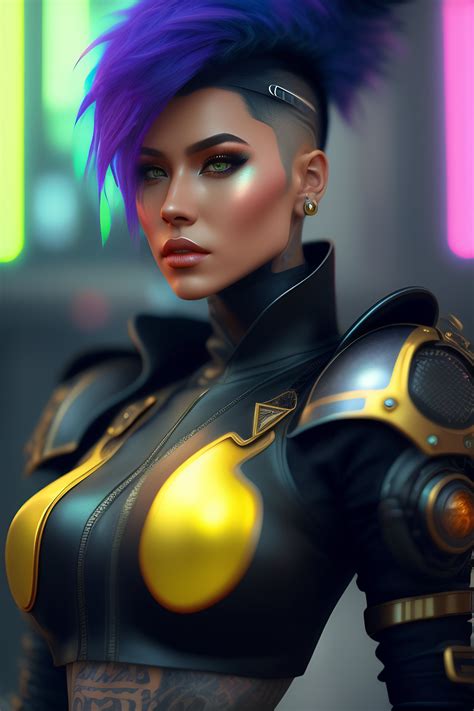 Lexica - Mech Punk clothes with short rainbow hair girl, tattooed