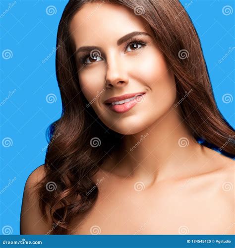 Young Woman with Naked Shoulders, on Blue Stock Photo - Image of face