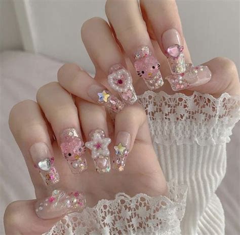 Clear light pink glitter butterfly press on nails pink glitter nails princess nails cute pink ...