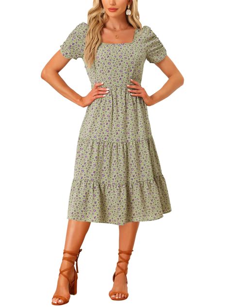 INSPIRE CHIC Women's Floral Print Square Neck Puff Short Sleeves Tie