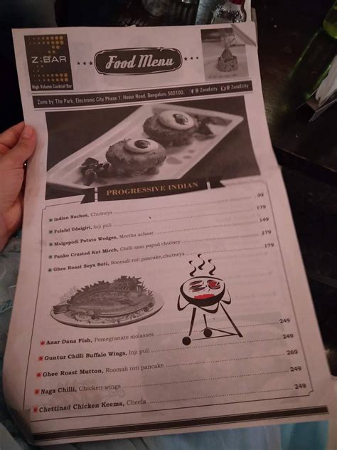 Menu at Z Bar, Bengaluru