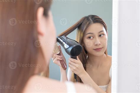 Hair Dryer, happy, asian young woman, girl looking into mirror reflect