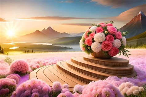 Premium AI Image | Flowers on a hill with mountains in the background