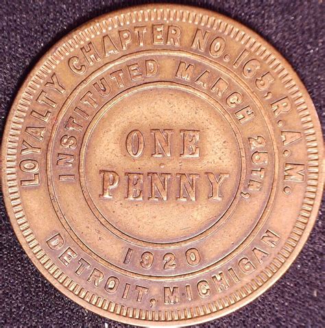 Loyalty Chapter No 165 Masonic Penny Token Detroit Michigan MARKED