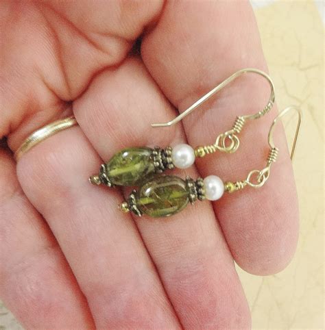 Peridot and Pearl Drop Earrings: August Birthstone, 14k Gold Fill