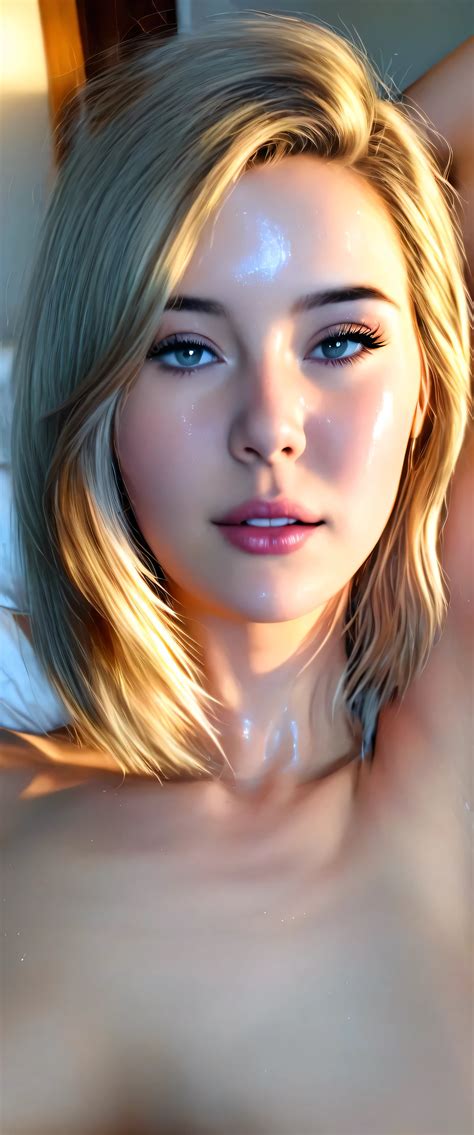 Blond woman with blue eyes and a white shirt laying in bed - SeaArt AI