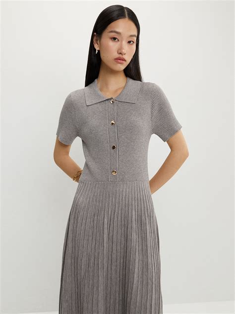 Buttoned Pleat Knit Dress - Mid Grey - Pomelo Fashion