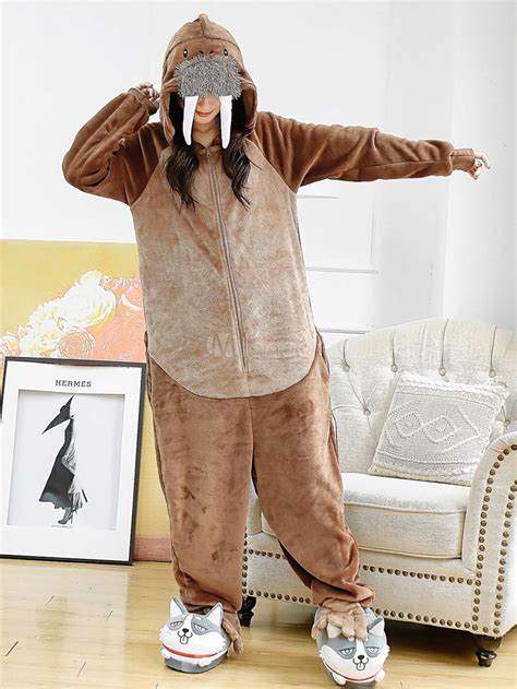 Pajamas Kigurumi Walrus Onesie Adult Coffee Brown Flannel Jumpsuit ...