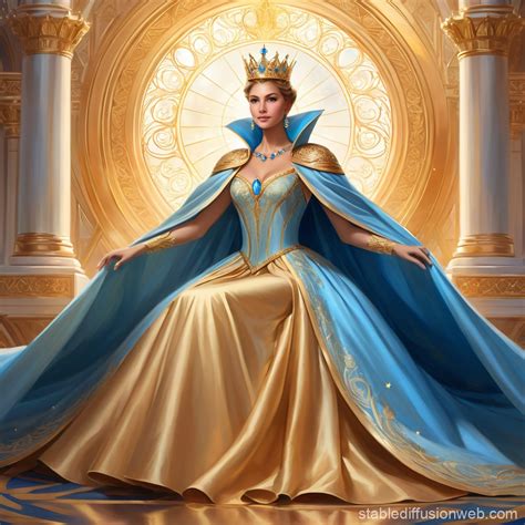 golden queen  blue ball gown stable diffusion