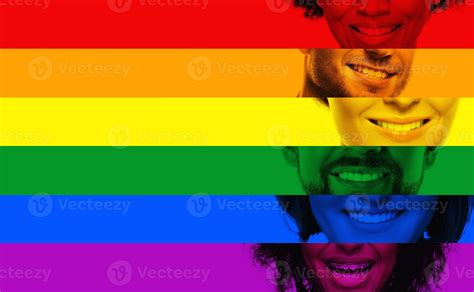 Close-up male and female smiles of different ethnicity in colors of