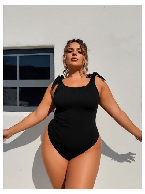 Plus Size Swimsuit Black Ribbed One Piece - Women's Bow Front Bathing