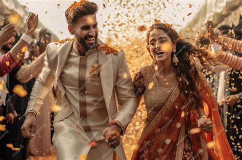 Premium AI Image | a pretty Pakistani wedding couple running from the ...