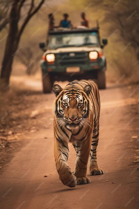 premium photo  tiger walking   dirt road    vehicle