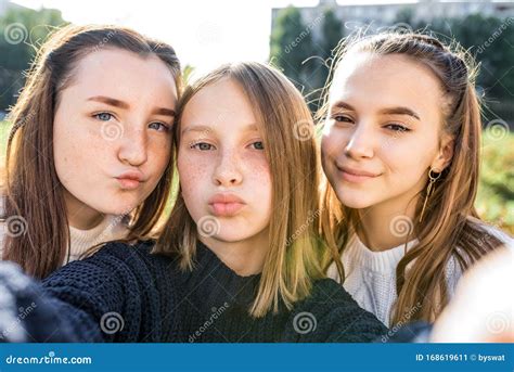 3 Girls Girlfriends Teenagers, 14-15 Years Old, Taking Selfie Photo on ...