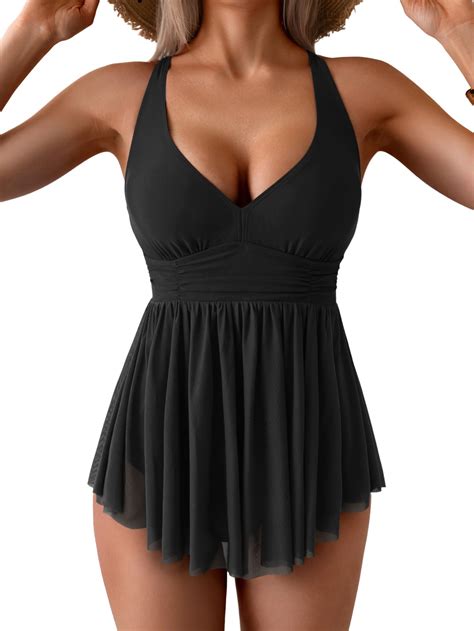 Aidonger Women's One Piece Swim Dress Swimsuit Tummy Control Mesh