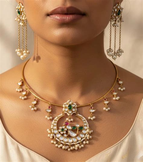kundan hasli choker indian polki necklace emerald green accent etsy