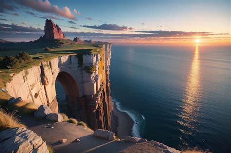 Premium AI Image | A painting of a cliff with a sunset in the background