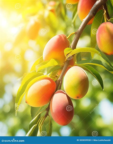 Mango Branch Close-up, Fruit Orchard Background with Copy Space Stock