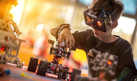 premium photo  boy playing   robot    robot